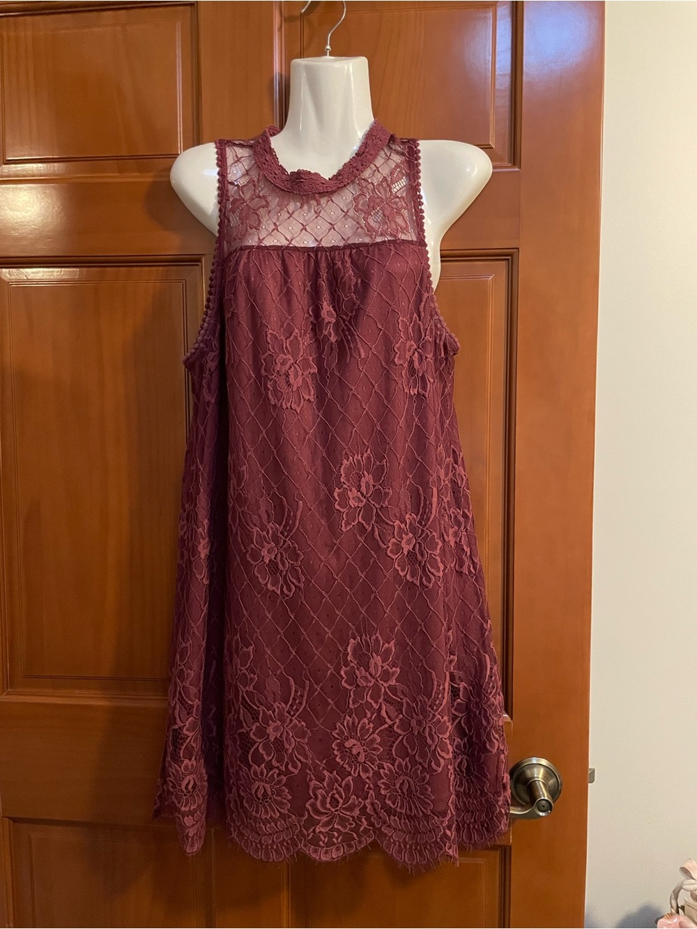 Coco & Jaimeson Lace High-Neck Mini Dress in Burgundy